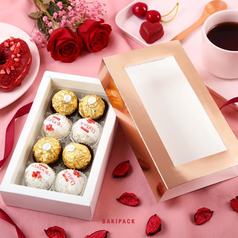 BAKIPACK 20 Rose Gold Truffle Box, Chocolate Box Packaging, Candy Boxes with 8-Piece Plastics Tray (Tray Size with 5.75x2.75 Inches), Pull Out Packing with Clear Window Sleeves - Image 2